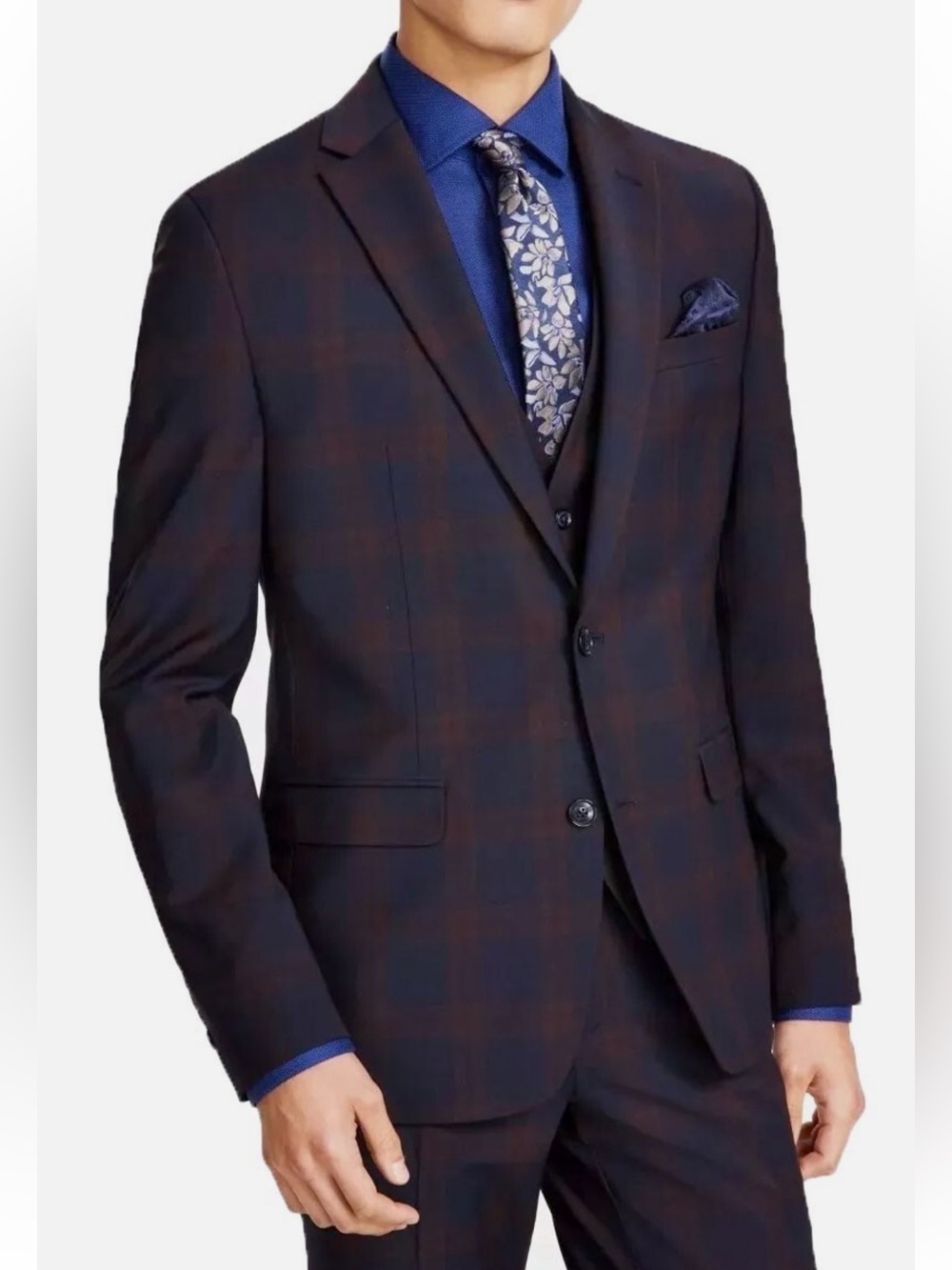 Bar III Slim-Fit Wool Blend Burgundy Navy Plaid Suit Jacket Blazer.